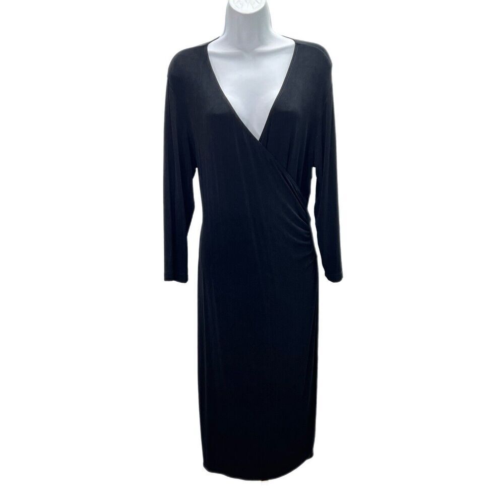 Chico’s Travelers Size 2 Large Women Black 3/4 Sleeve Acetate Faux Wrap Dress